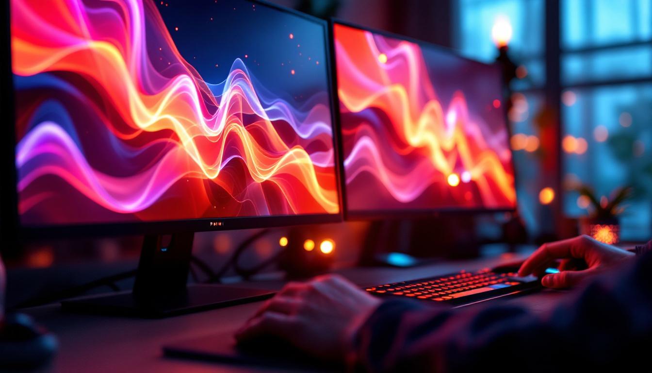 A photograph of a computer setup featuring dual monitors displaying vibrant led graphics
