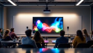 A photograph of a modern classroom setting featuring a smart board with an integrated projector in use