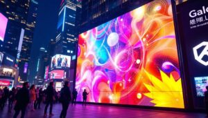 A photograph of a vibrant led display in a bustling urban environment