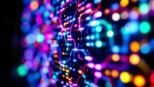 A photograph of capture a photograph of a vibrant led display featuring interlocking patterns and dynamic colors