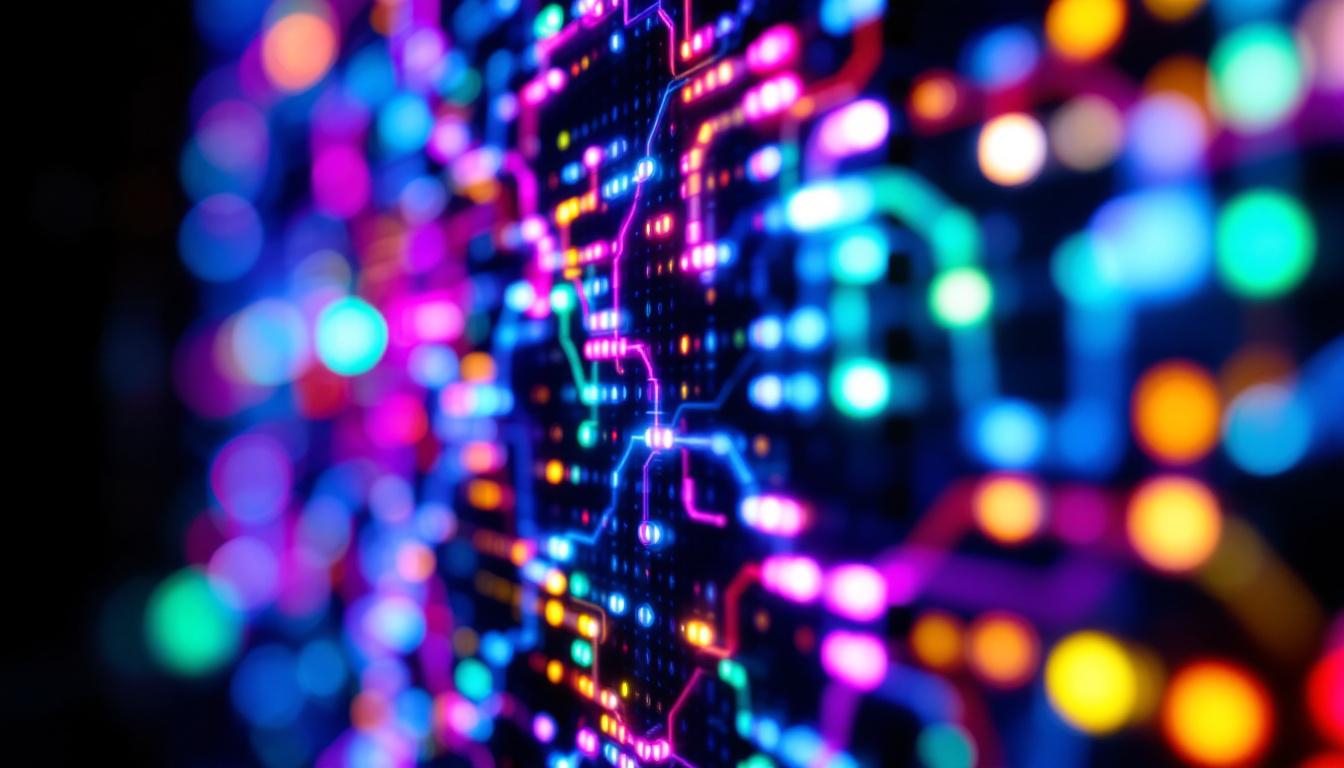 A photograph of capture a photograph of a vibrant led display featuring interlocking patterns and dynamic colors