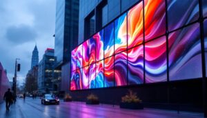 A photograph of an innovative architectural screen or wall featuring a vibrant led display in an urban setting