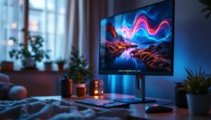 A photograph of capture a photograph of a modern room monitor with an led display in a cozy