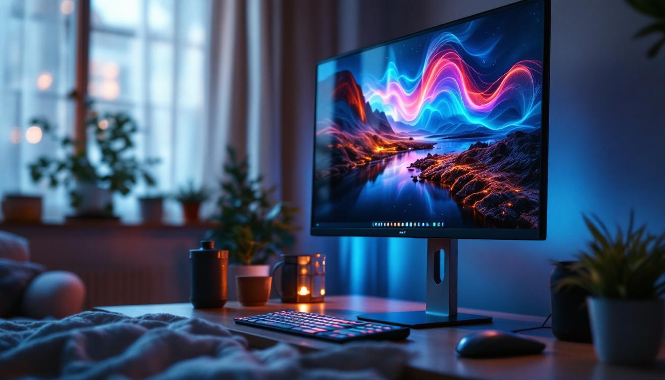 A photograph of capture a photograph of a modern room monitor with an led display in a cozy