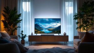 A photograph of a sleek 32-inch battery-powered led tv displayed in a cozy living room setting