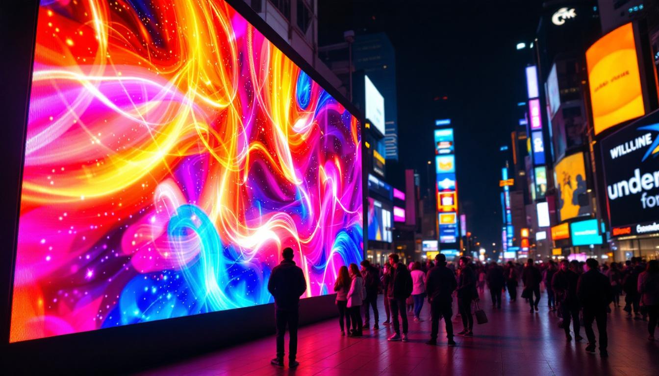 A photograph of a vibrant led display in a dynamic urban setting
