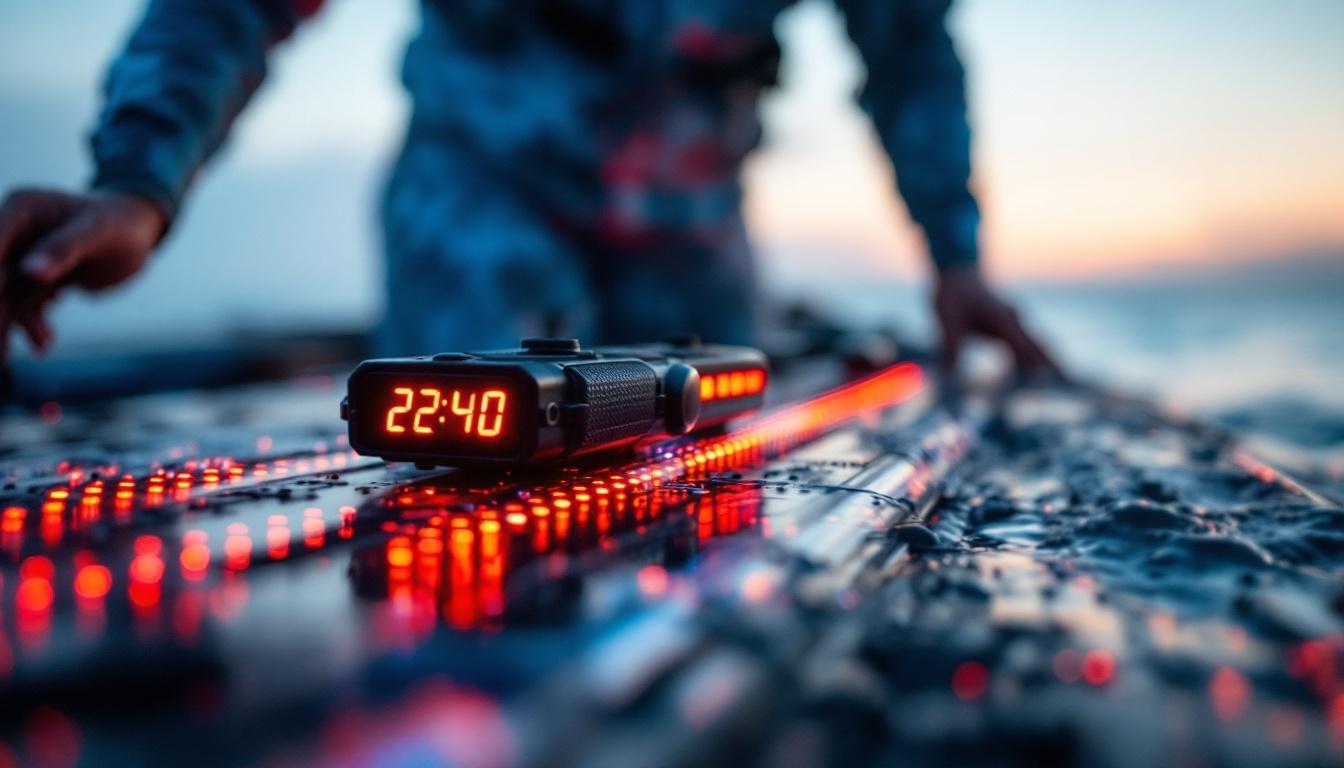 A photograph of a close-up shot of a planer board equipped with an led display in action on a fishing boat