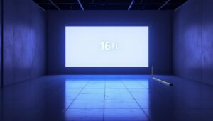 A photograph of a spacious room featuring a prominent led display that clearly shows a measurement of 16 feet