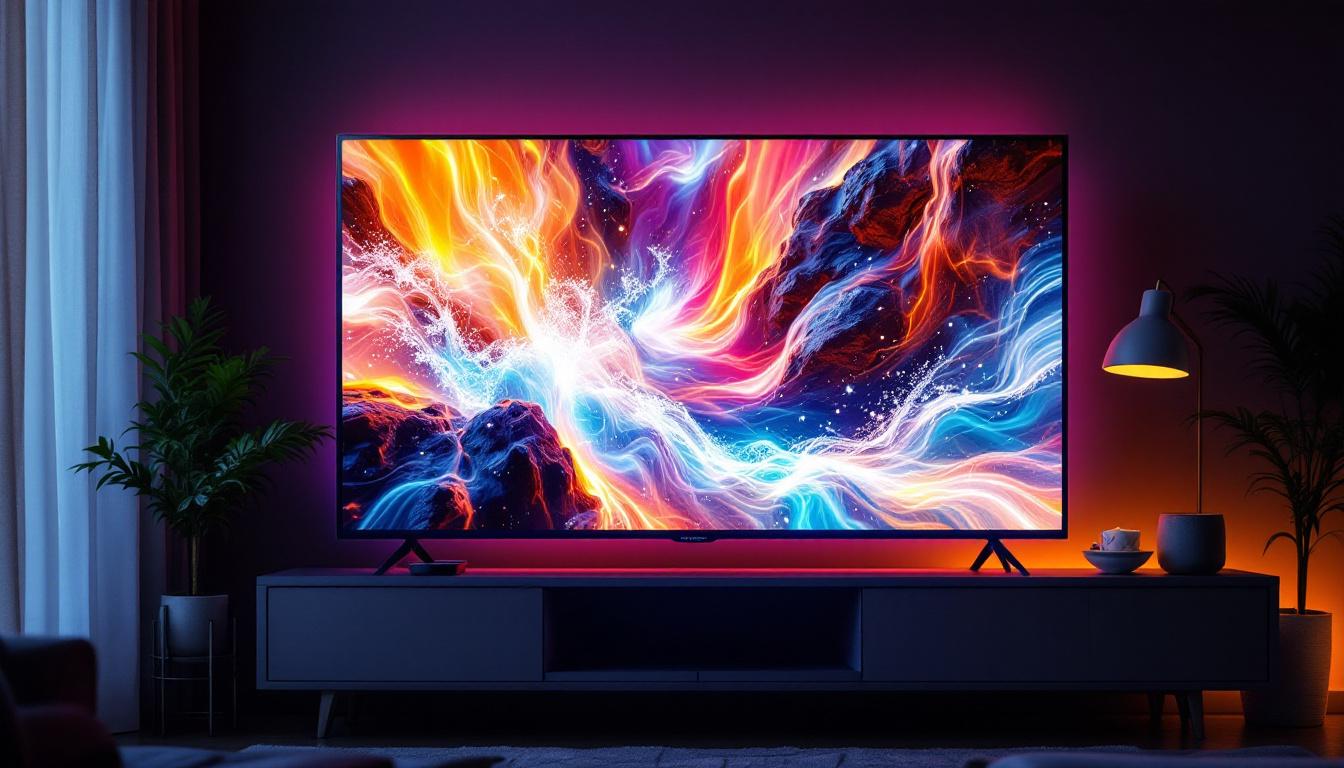 A photograph of a vibrant led display screen showcasing a dynamic image or video