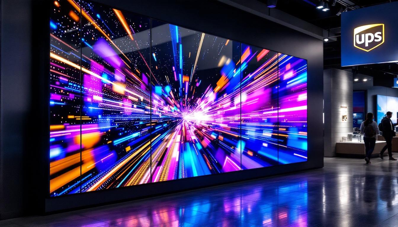 A photograph of the ups store wall featuring the vibrant led display in action