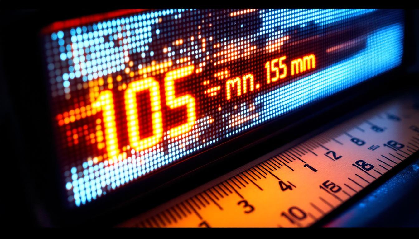 A photograph of a close-up shot of an led display screen showing a measurement conversion from 105 mm to inches