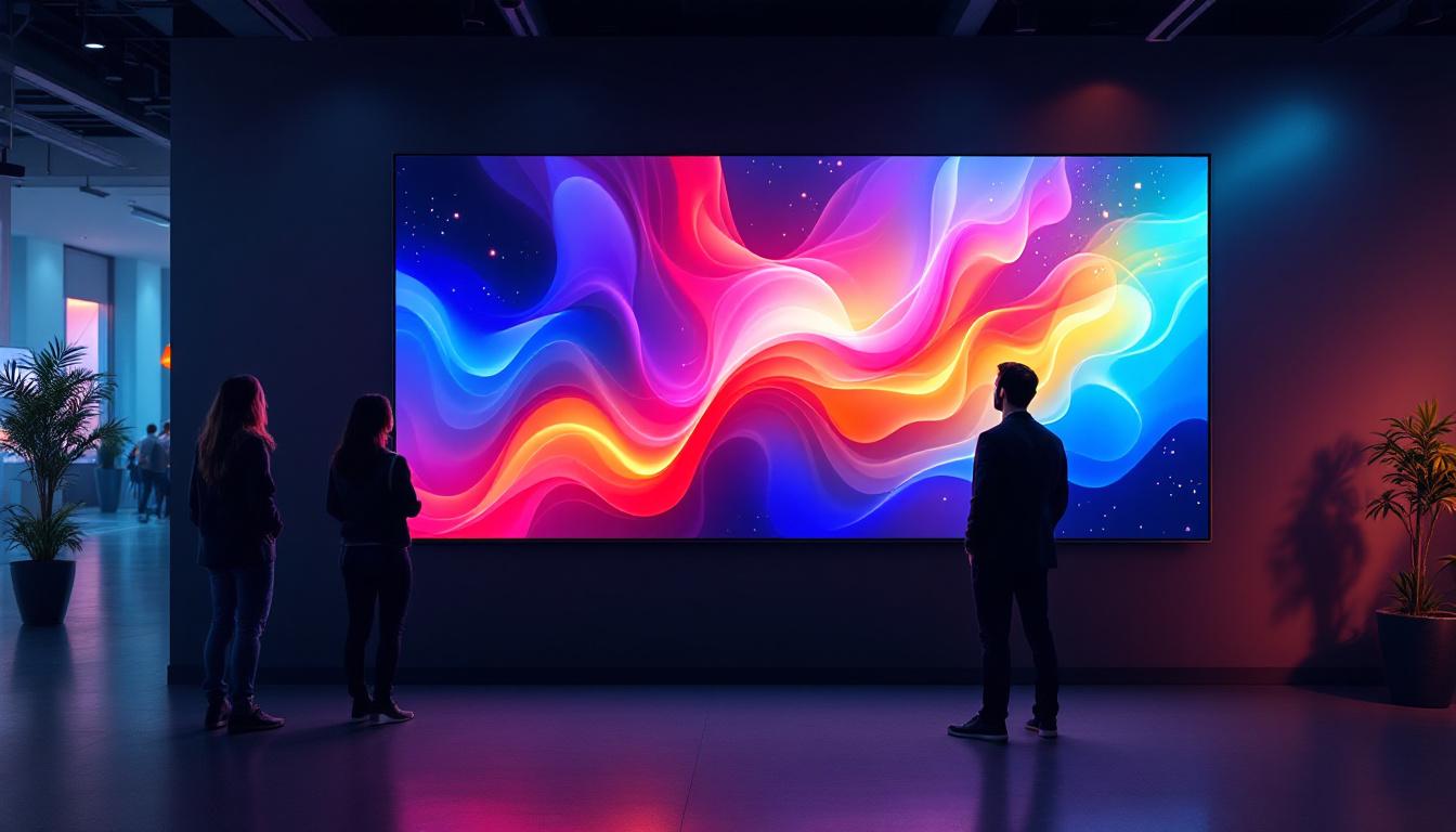 A photograph of a vibrant media wall featuring a large led display in an engaging setting