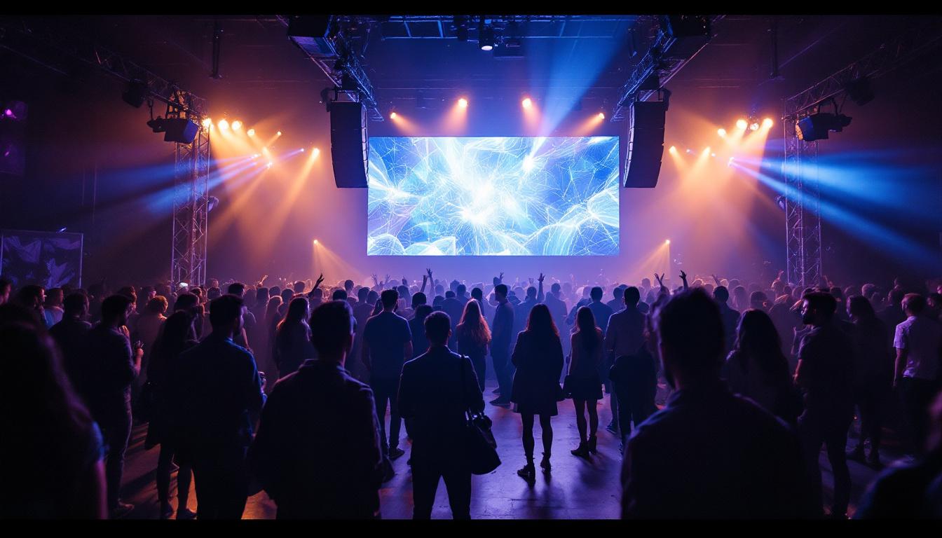 A photograph of a vibrant event scene featuring a large led display showcasing dynamic visuals