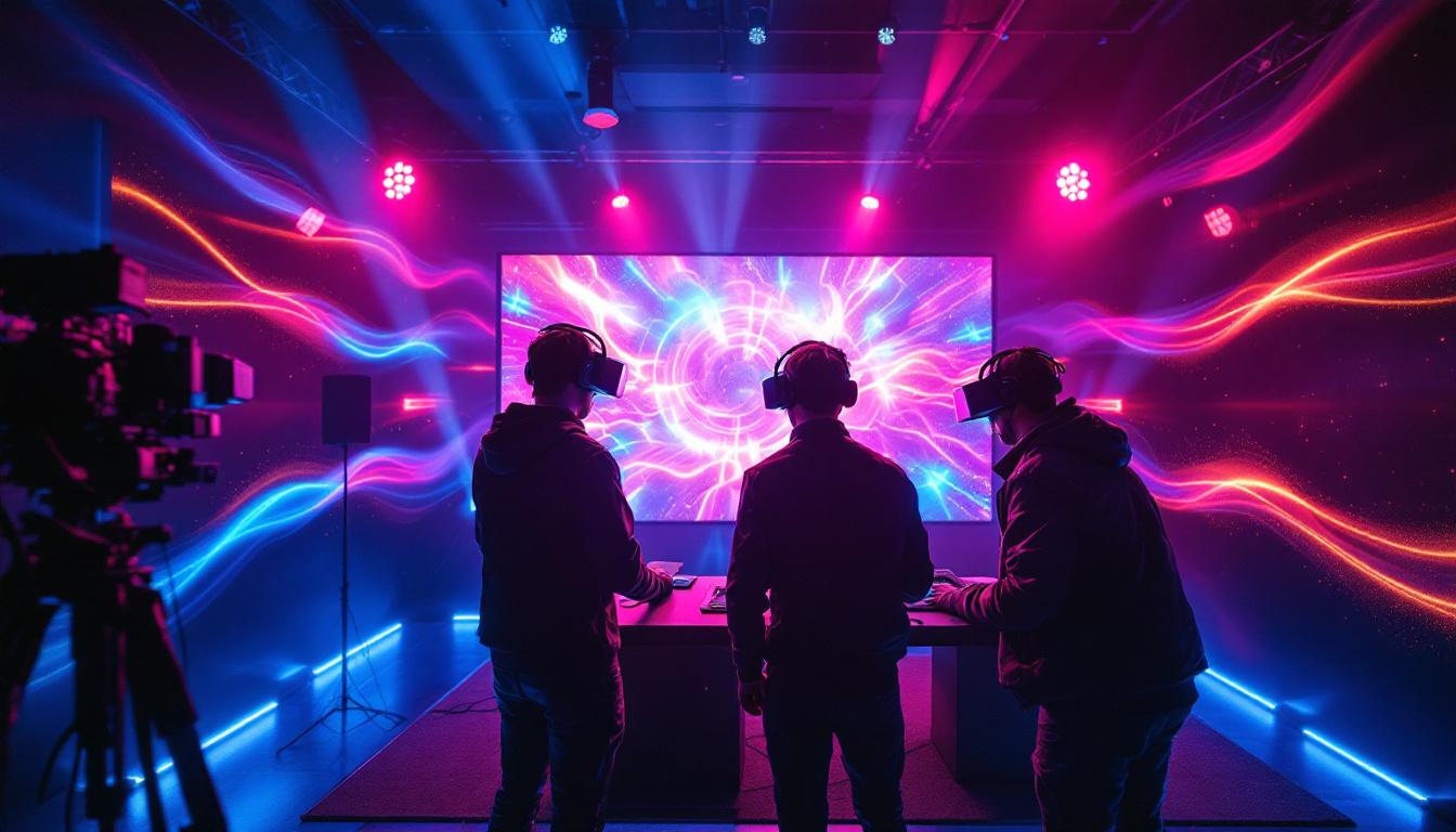 A photograph of a dynamic virtual production setup featuring an led display in action