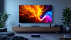 A photograph of a sleek electronic projector screen in a modern setting