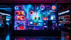 A photograph of a vibrant led display showcasing a dynamic product presentation in a retail environment