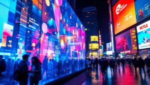 A photograph of a vibrant led display in a bustling urban environment