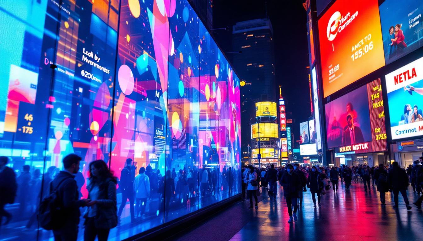 A photograph of a vibrant led display in a bustling urban environment