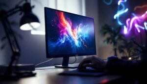 A photograph of a vibrant led monitor displaying a colorful image or graphic in a dimly lit environment