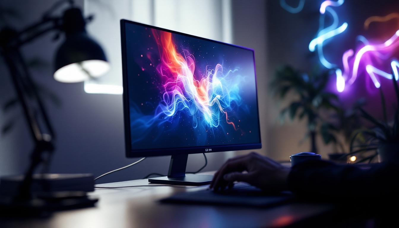 A photograph of a vibrant led monitor displaying a colorful image or graphic in a dimly lit environment