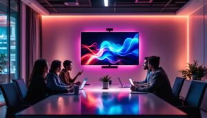 A photograph of a modern conference room featuring a sleek led display in use