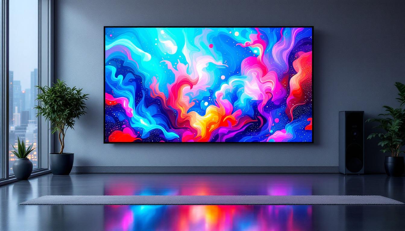 A photograph of a large lcd panel displaying vibrant