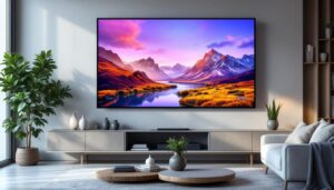A photograph of a modern living room setup featuring a variety of standard led tv screen sizes displayed prominently on the wall