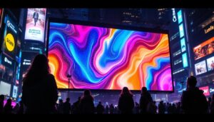 A photograph of a vibrant led display in an urban setting