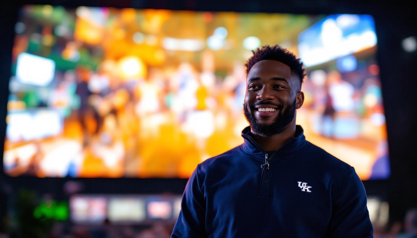 A photograph of capture a photograph of dewayne peevy standing in front of the new led display at the university of kentucky