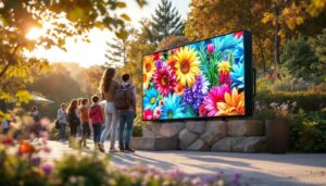 A photograph of a vibrant outdoor scene featuring a clarity outdoors led display in use