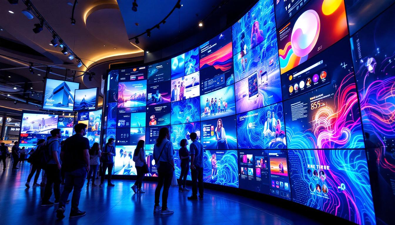 A photograph of a vibrant and dynamic video wall display in an urban setting in singapore