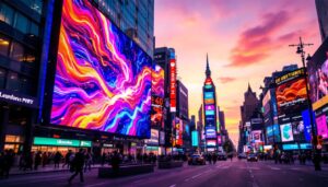 A photograph of a vibrant led display in a bustling urban setting