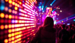 A photograph of a vibrant led display in action