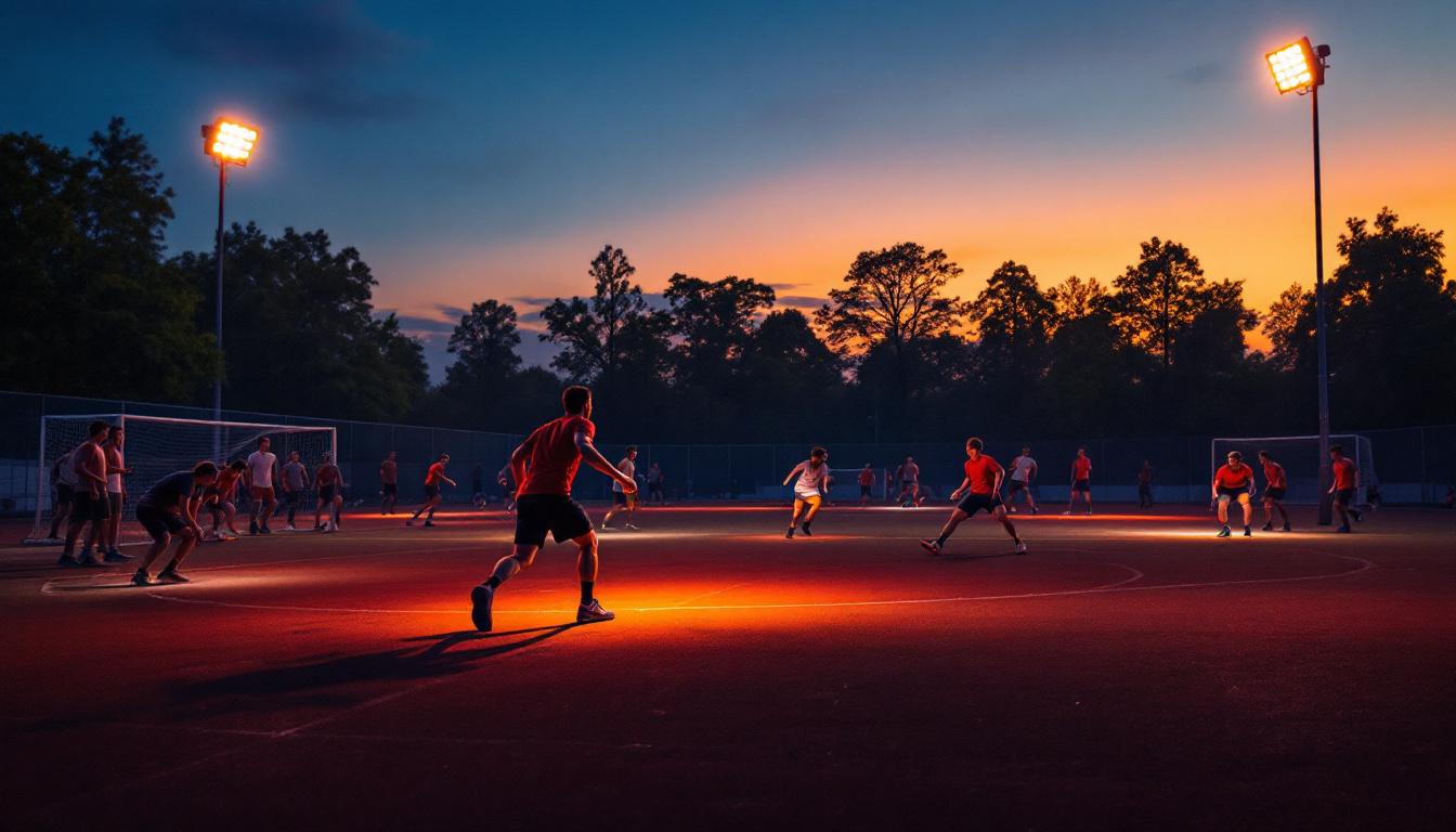 A photograph of a vibrant outdoor sports scene at dusk