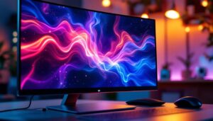 A photograph of a sleek led computer monitor displaying vibrant visuals through an s-video connection