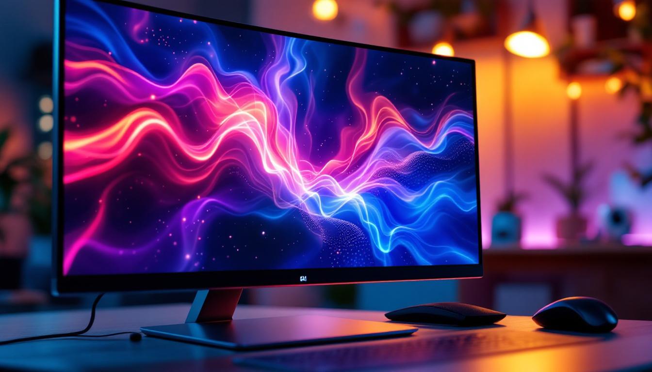 A photograph of a sleek led computer monitor displaying vibrant visuals through an s-video connection