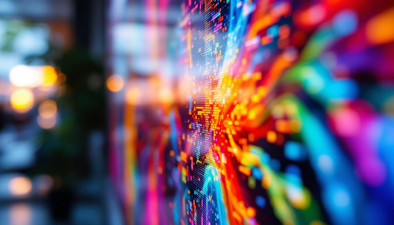 A photograph of a close-up of a vibrant lcd screen displaying a colorful image