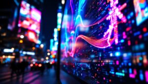 A photograph of a vibrant led display showcasing dynamic visuals and bright colors