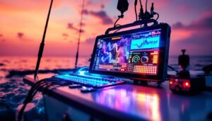A photograph of a brightly lit led display showcasing a variety of planer board lines in action on a fishing boat
