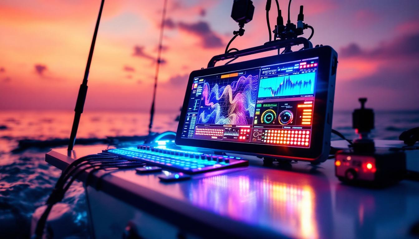 A photograph of a brightly lit led display showcasing a variety of planer board lines in action on a fishing boat