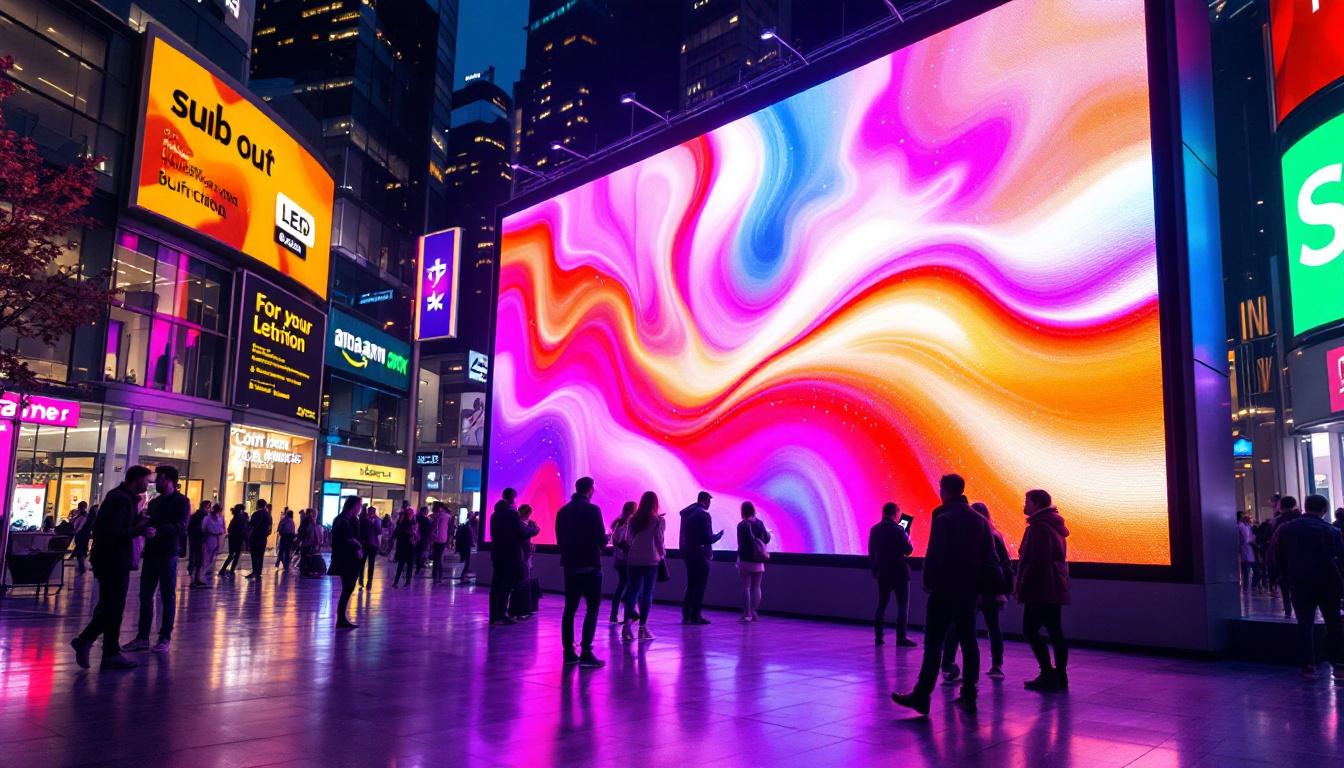 A photograph of a vibrant led display in a bustling urban setting