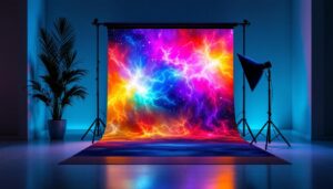 A photograph of a small photography backdrop set up with an led display