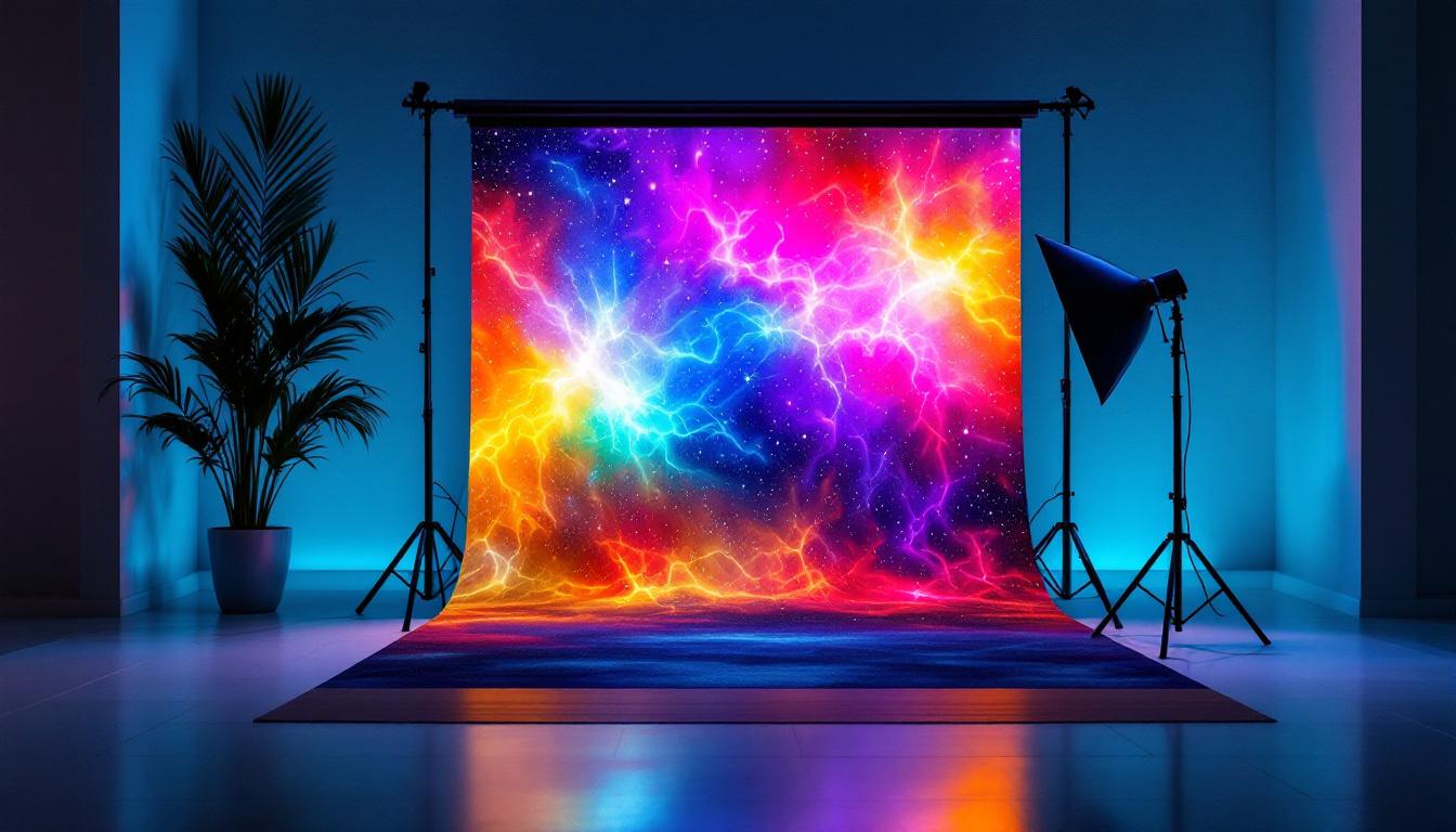 A photograph of a small photography backdrop set up with an led display