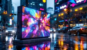 A photograph of a vibrant outdoor led display board showcasing dynamic visuals in a rain-soaked environment