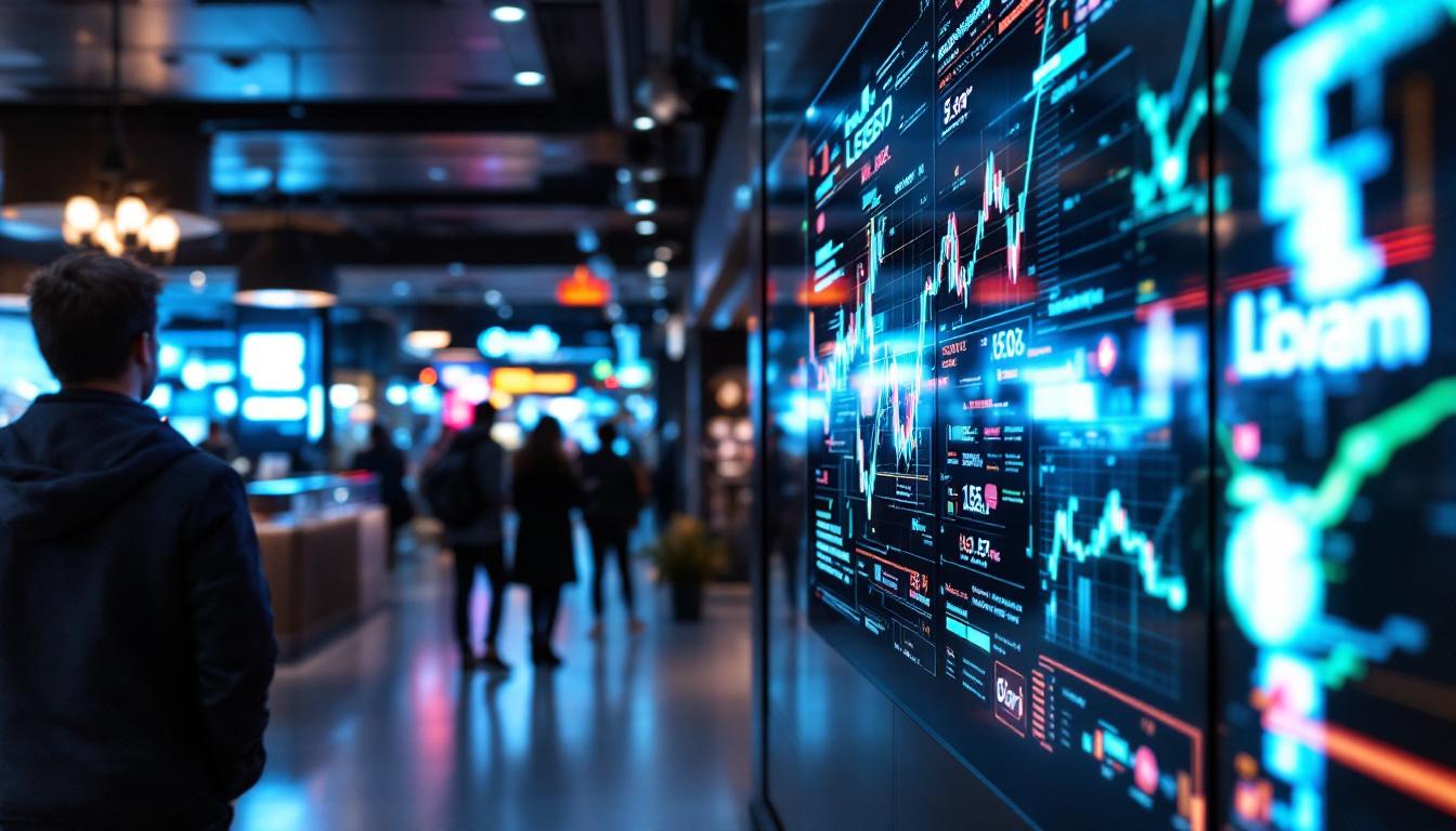 A photograph of a vibrant led display in a bustling business environment