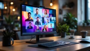 A photograph of a modern video conference setup featuring a sleek led monitor displaying a vibrant virtual meeting interface