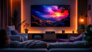 A photograph of a sleek 4k resolution projector in a modern home theater setup
