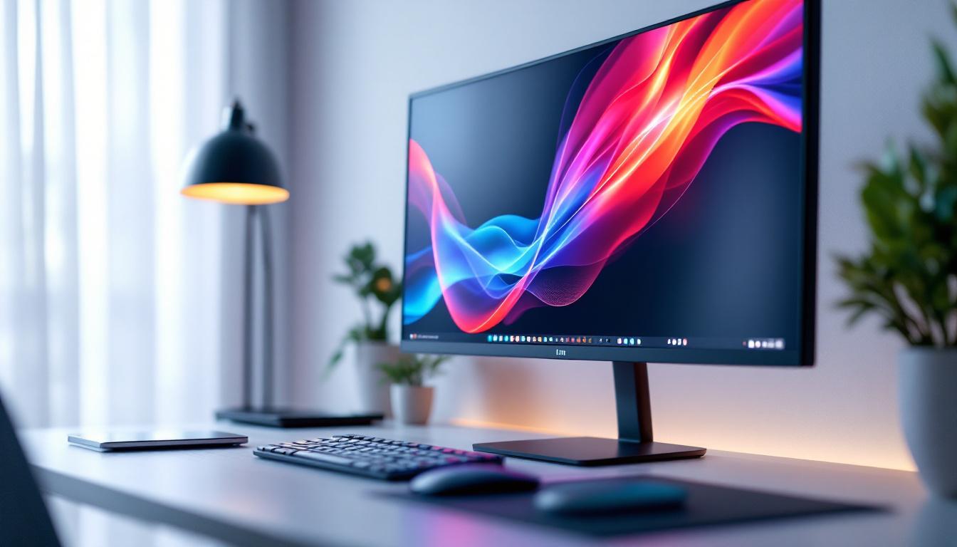 A photograph of a modern desktop setup featuring a sleek led display prominently showcasing vibrant colors and graphics