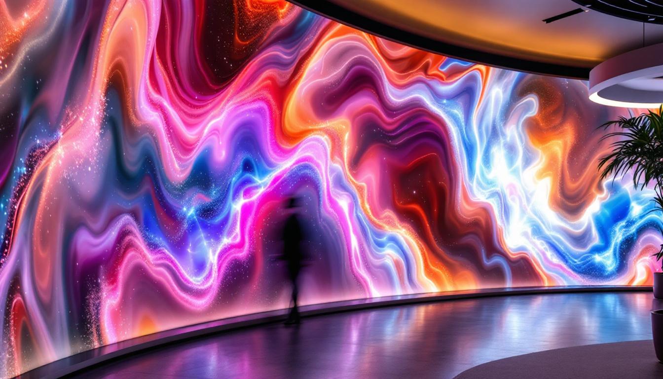 A photograph of a beautifully designed curved wall featuring an led display