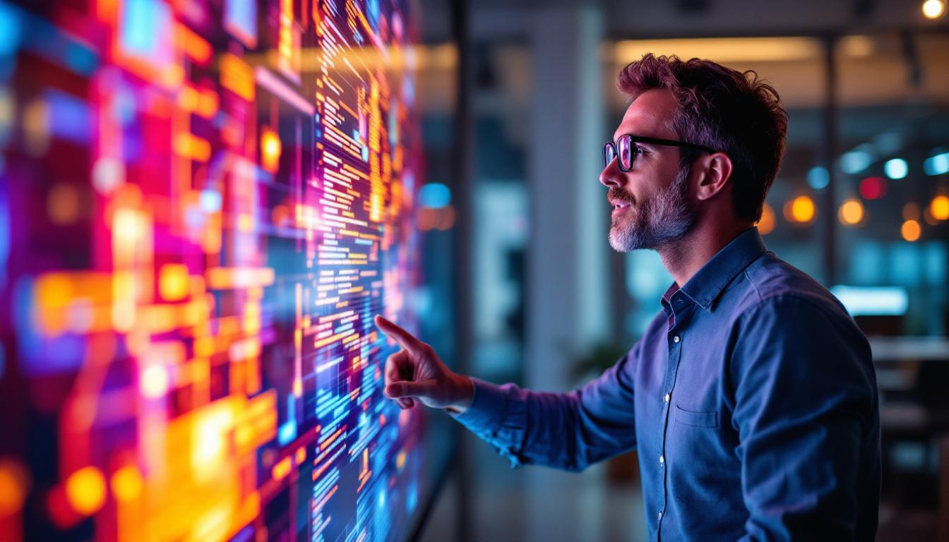 A photograph of a dynamic senior vp of sales engaging with a vibrant led display in a modern office setting